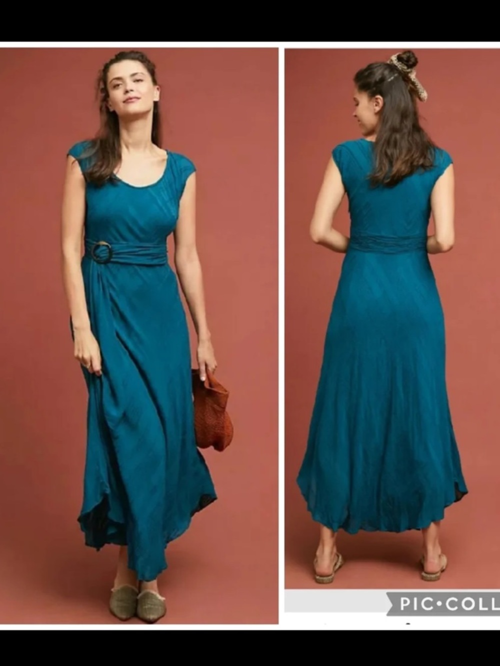 Anthropologie Guinevere Teal Maxi Dress Belted Asymmetrical Hem Size 0